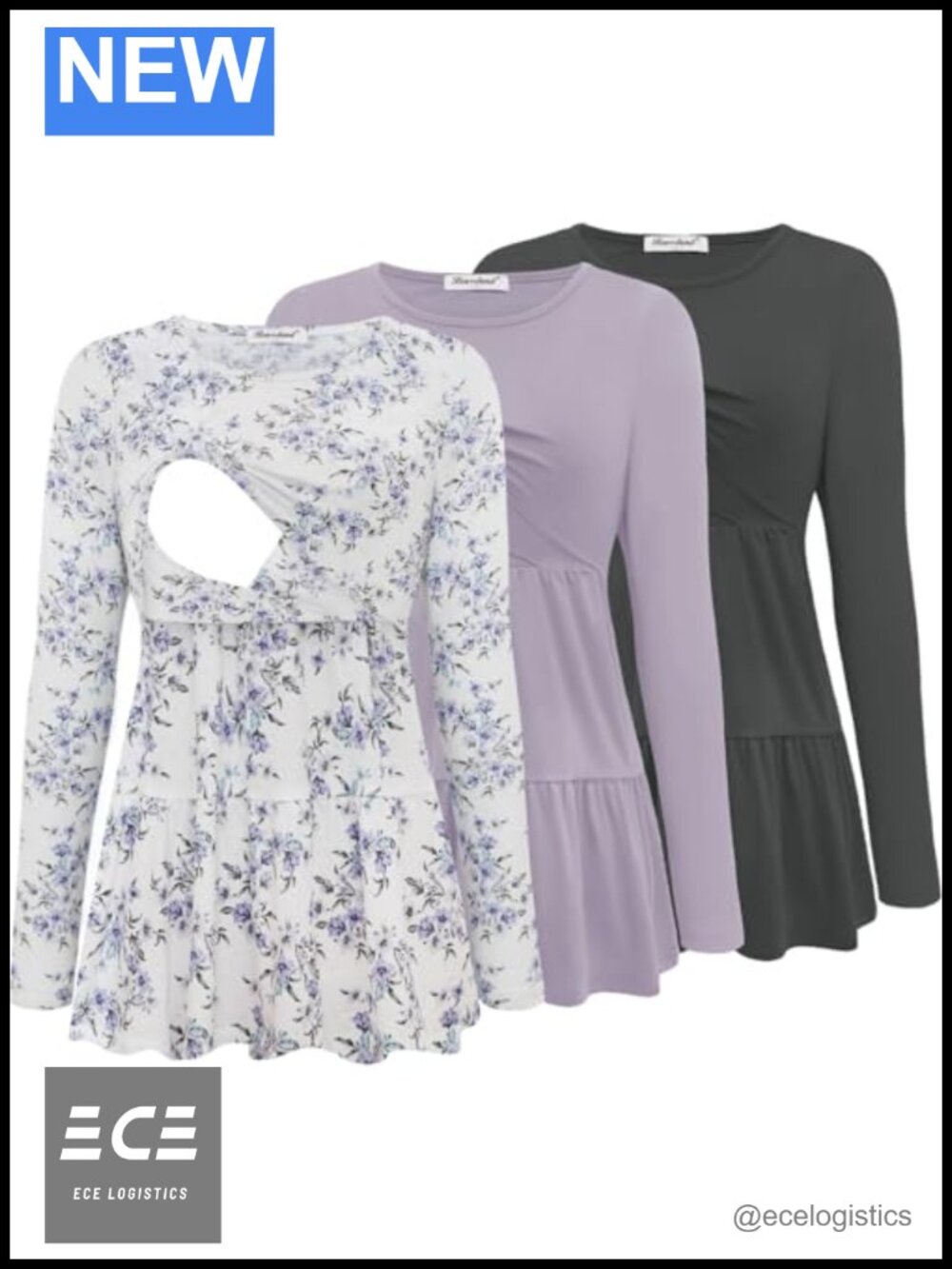 Long Sleeve Nursing Top Scoop Neck Pleated Breastfeeding Shirt